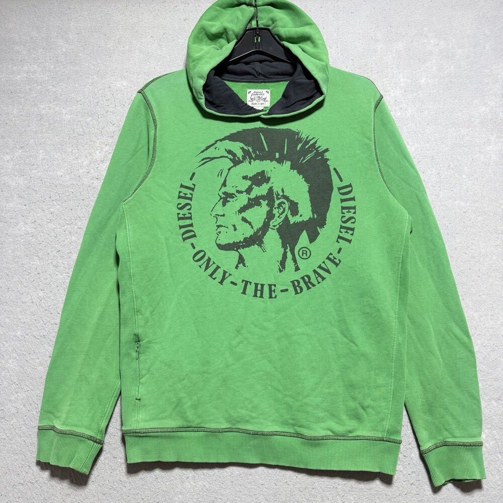Vintage Y2K Diesel Big Face Logo Pullover Hoodie Green Men’s Size Medium